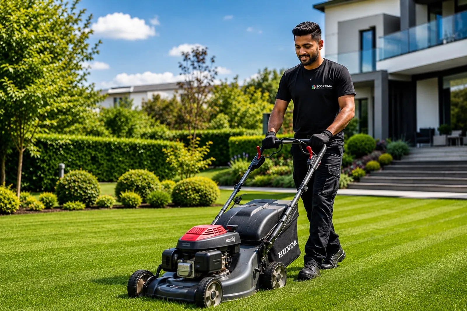 Gartenpflege Hamburg — Scoptima Mitarbeiter mäht Rasen in einem gepflegten Privatgarten